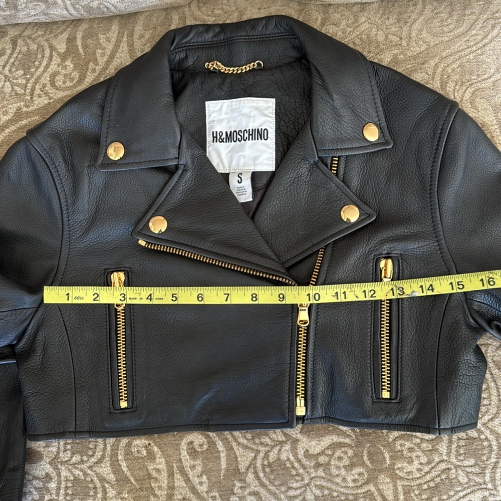 HM Moschino Black Leather Jacket with Gold Accents - Picture 13 of 14